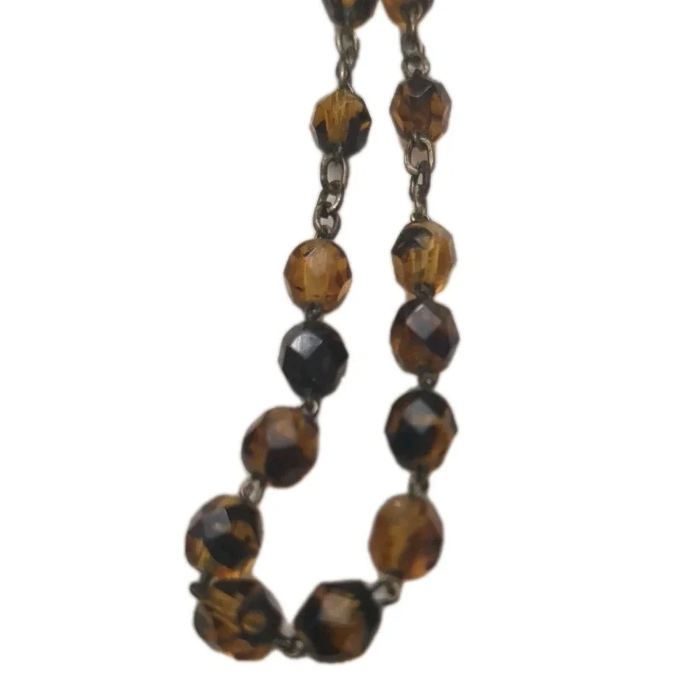 Vintage Golden-Topaz-Colored Sparkly Faceted Glass Bead Silver-Colored Rosary‎